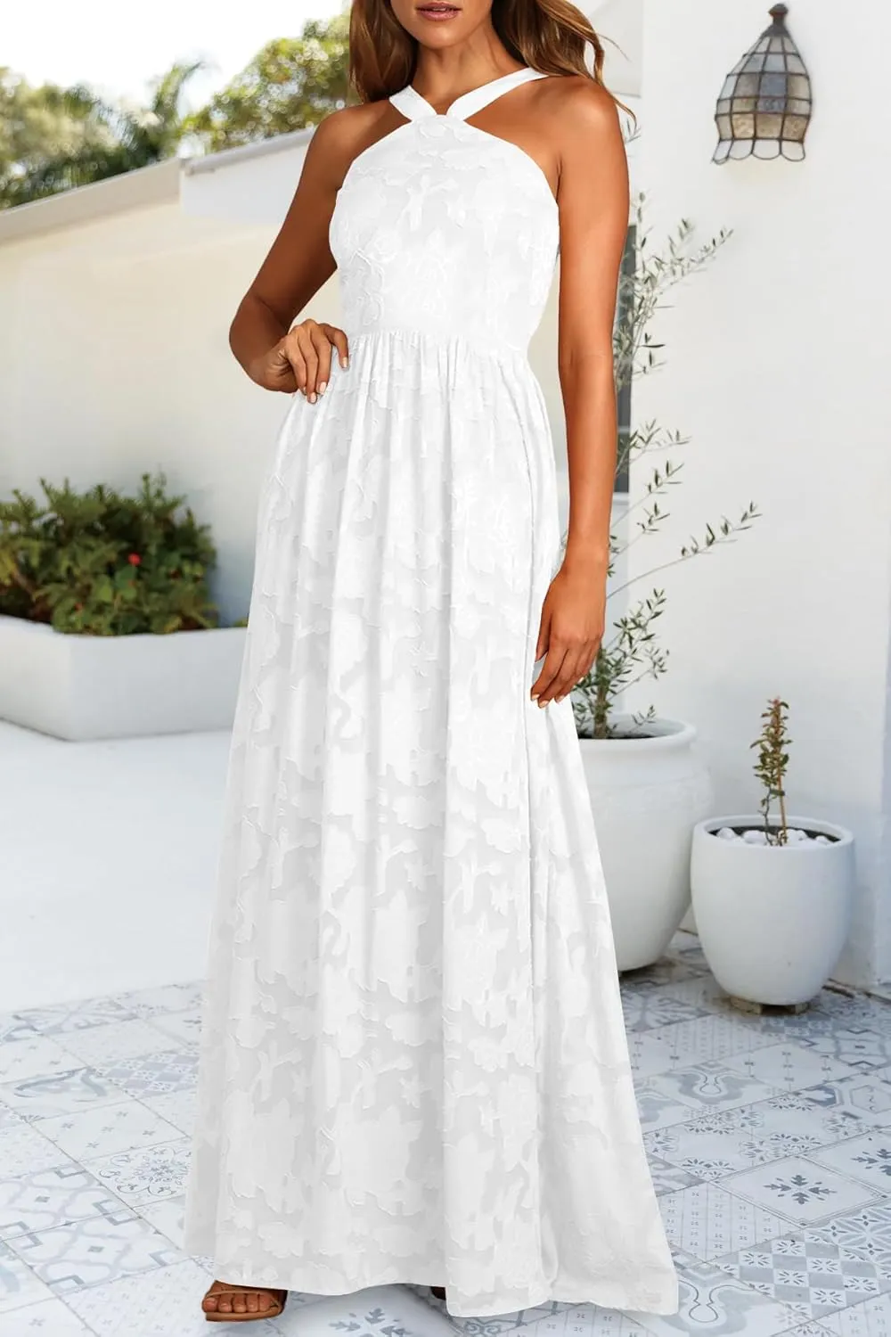 MITILLY Women's Summer Dresses 2024 Boho Halter Neck Sleeveless Smocked Floral Backless A Line Flowy Maxi Dress with Pockets