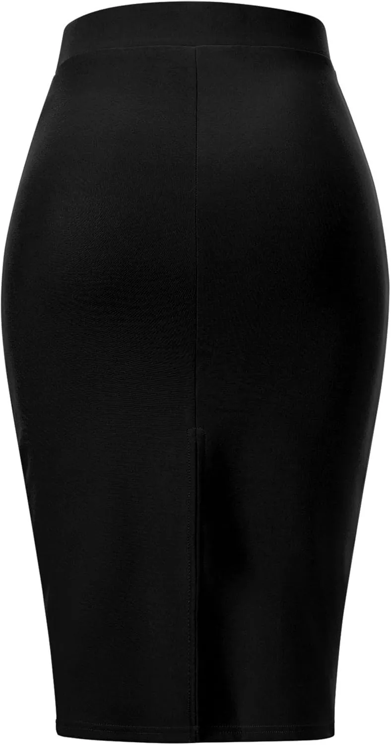 MixMatchy Women's Office Work Pencil Skirt Stretch High Waist Knee Length Bodycon for Business Casual