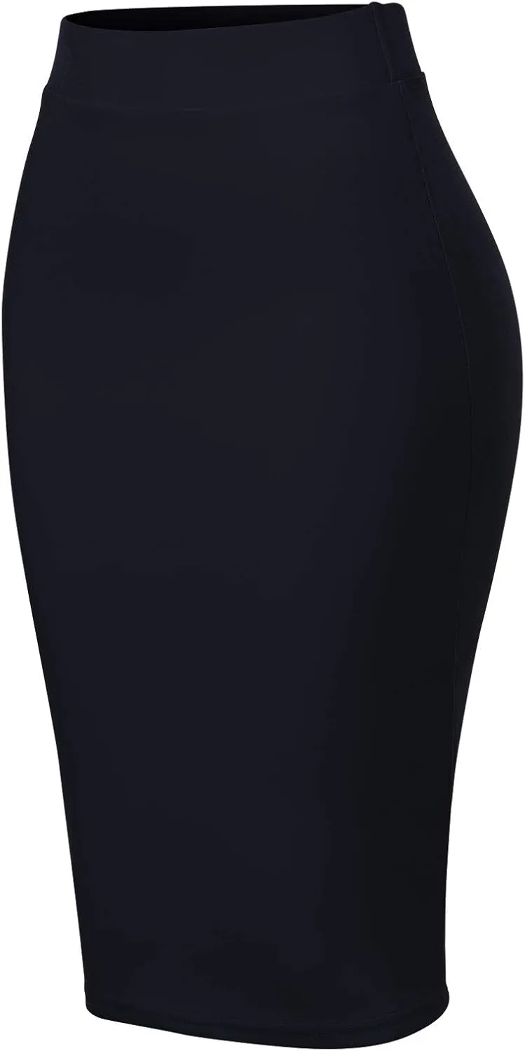 MixMatchy Women's Office Work Pencil Skirt Stretch High Waist Knee Length Bodycon for Business Casual