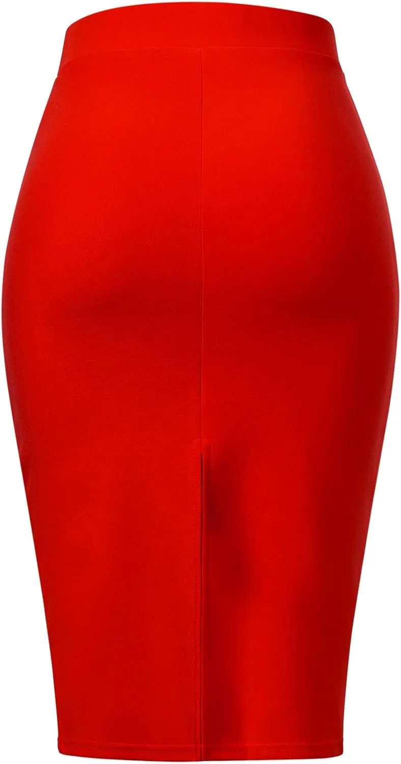MixMatchy Women's Office Work Pencil Skirt Stretch High Waist Knee Length Bodycon for Business Casual