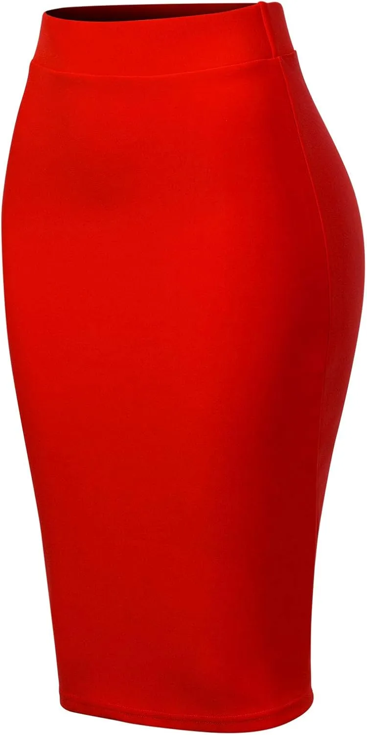 MixMatchy Women's Office Work Pencil Skirt Stretch High Waist Knee Length Bodycon for Business Casual