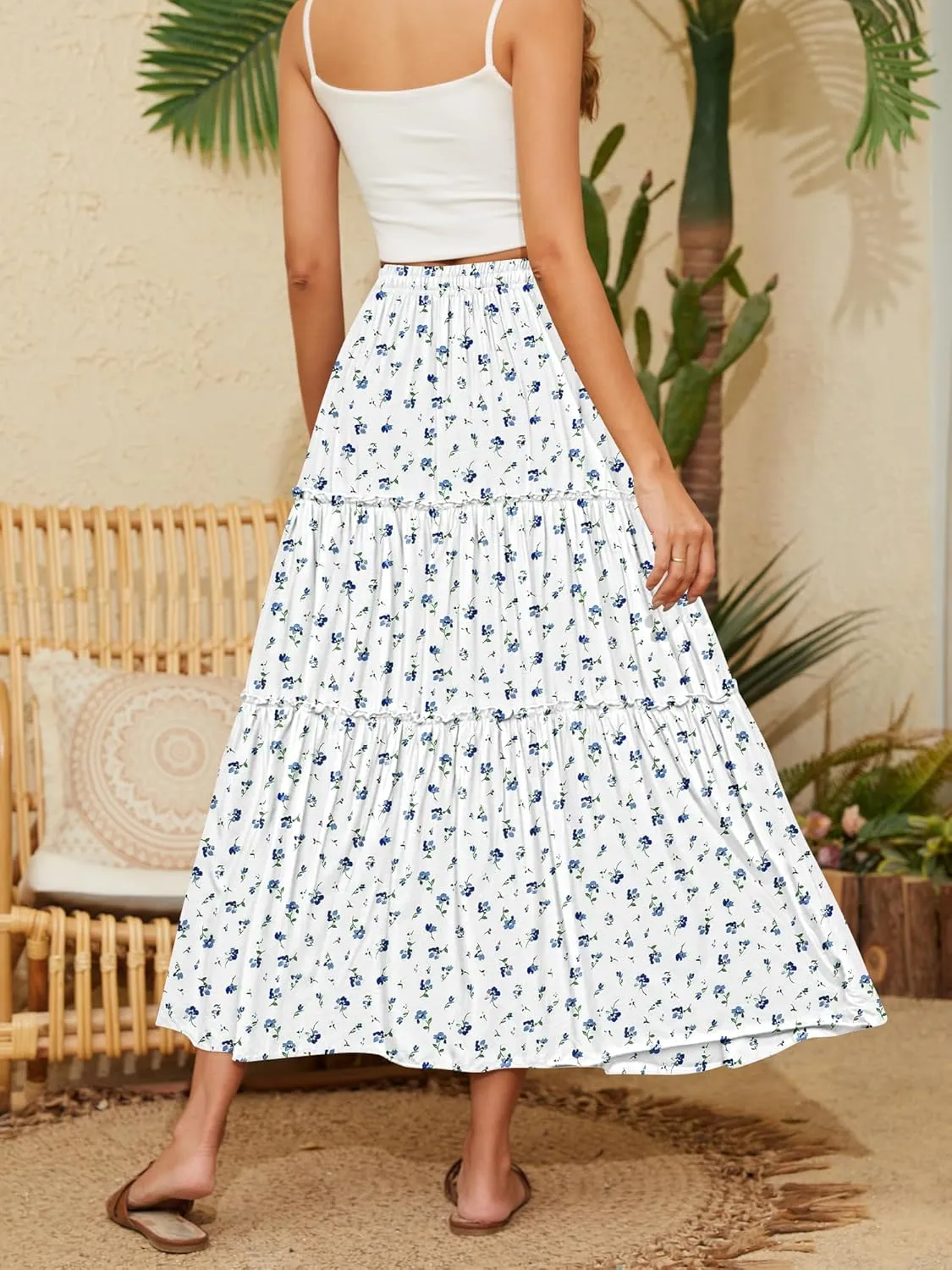 NASHALYLY Skirts for Women Boho Elastic Waisted Drawstring Swing Ruched 3 Tiered Maxi Skirt with Pockets
