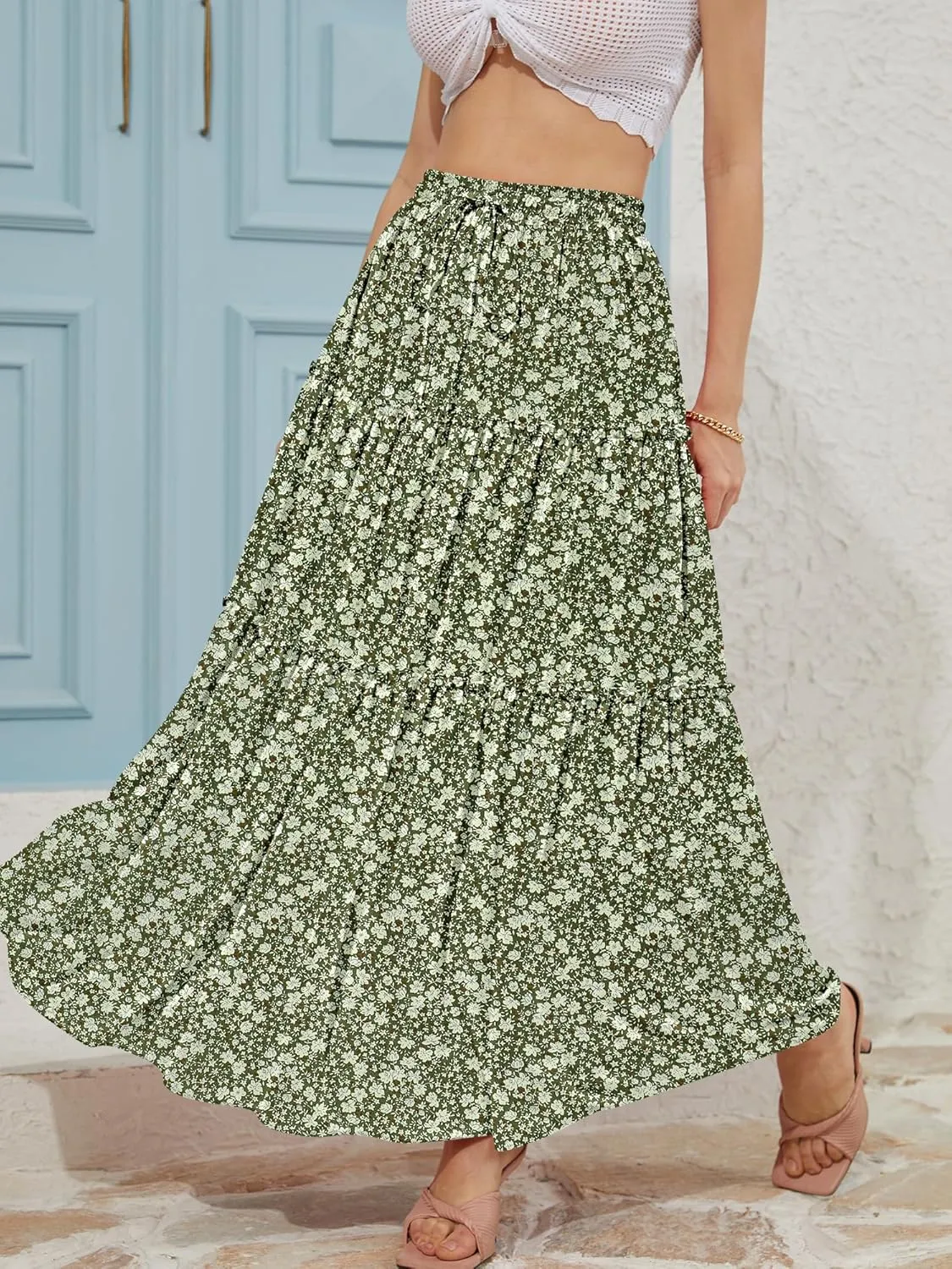 NASHALYLY Skirts for Women Boho Elastic Waisted Drawstring Swing Ruched 3 Tiered Maxi Skirt with Pockets
