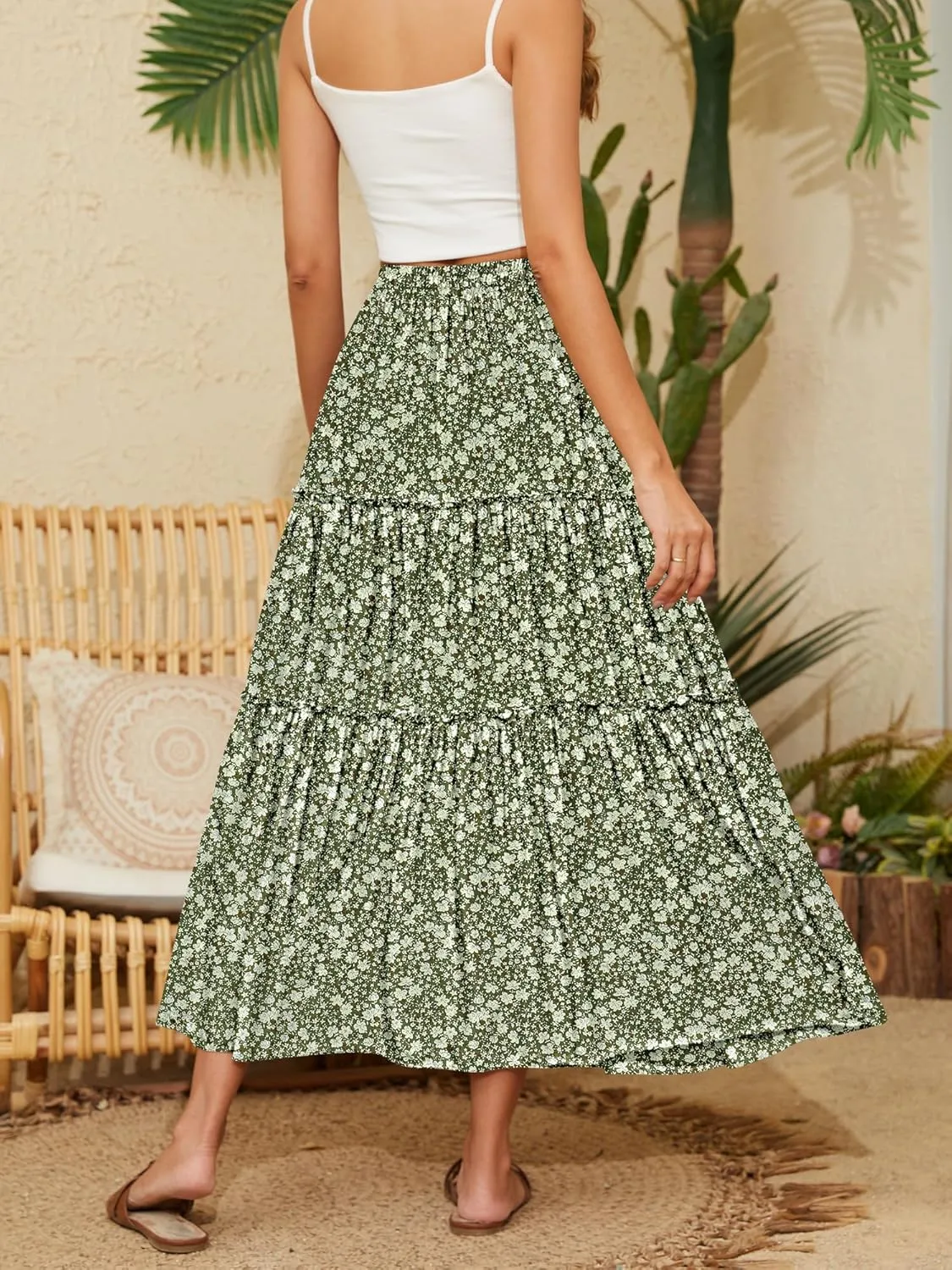 NASHALYLY Skirts for Women Boho Elastic Waisted Drawstring Swing Ruched 3 Tiered Maxi Skirt with Pockets