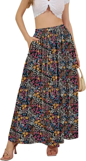 NASHALYLY Skirts for Women Boho Elastic Waisted Drawstring Swing Ruched 3 Tiered Maxi Skirt with Pockets
