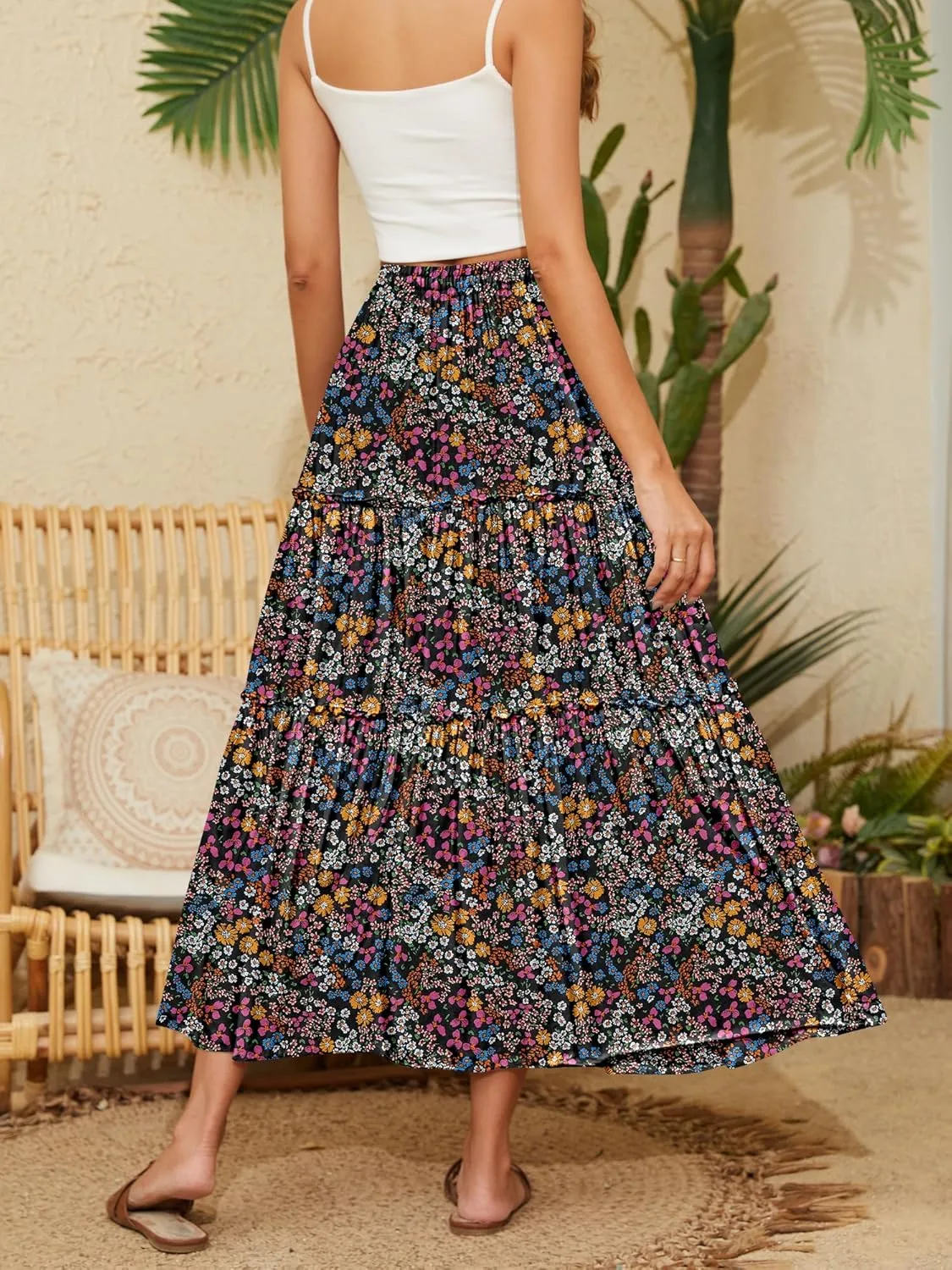 NASHALYLY Skirts for Women Boho Elastic Waisted Drawstring Swing Ruched 3 Tiered Maxi Skirt with Pockets