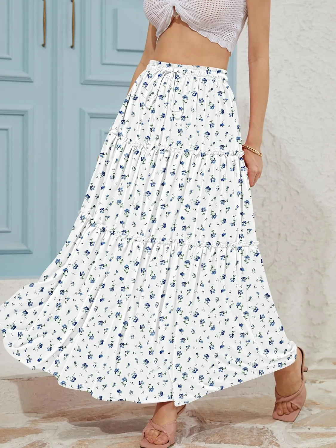 NASHALYLY Skirts for Women Boho Elastic Waisted Drawstring Swing Ruched 3 Tiered Maxi Skirt with Pockets
