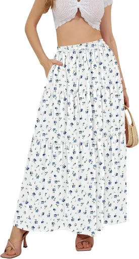 NASHALYLY Skirts for Women Boho Elastic Waisted Drawstring Swing Ruched 3 Tiered Maxi Skirt with Pockets