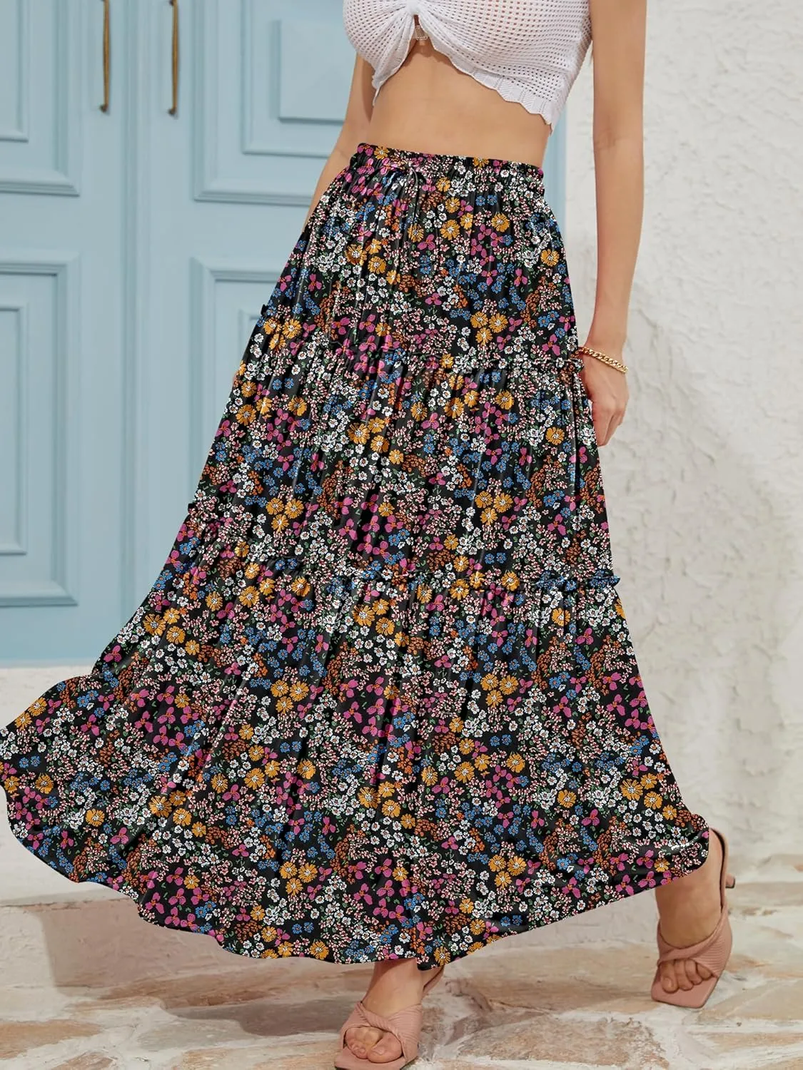 NASHALYLY Skirts for Women Boho Elastic Waisted Drawstring Swing Ruched 3 Tiered Maxi Skirt with Pockets