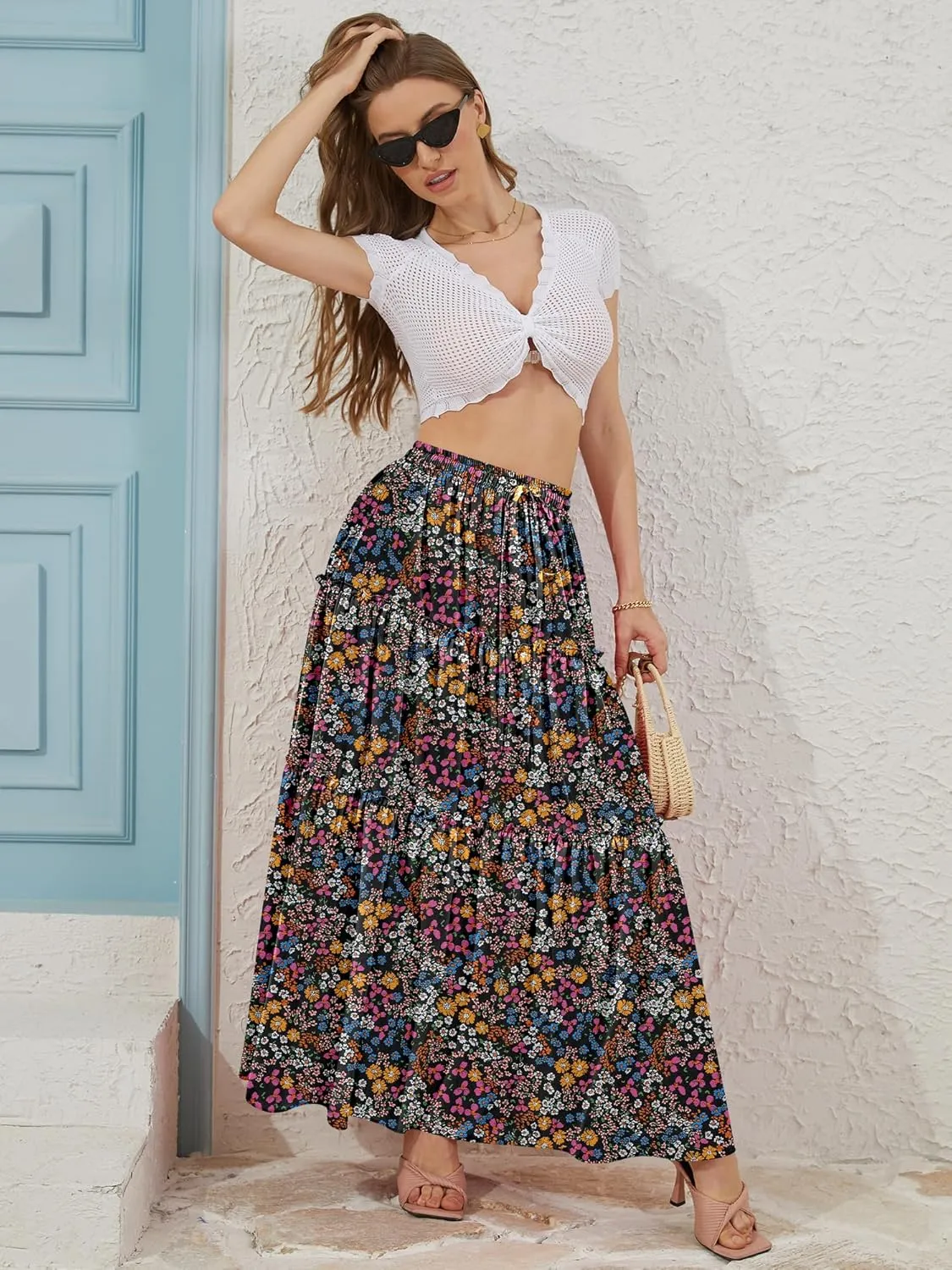 NASHALYLY Skirts for Women Boho Elastic Waisted Drawstring Swing Ruched 3 Tiered Maxi Skirt with Pockets