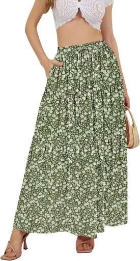 NASHALYLY Skirts for Women Boho Elastic Waisted Drawstring Swing Ruched 3 Tiered Maxi Skirt with Pockets