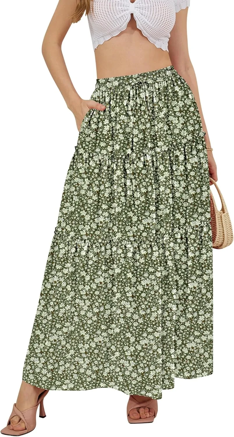 NASHALYLY Skirts for Women Boho Elastic Waisted Drawstring Swing Ruched 3 Tiered Maxi Skirt with Pockets