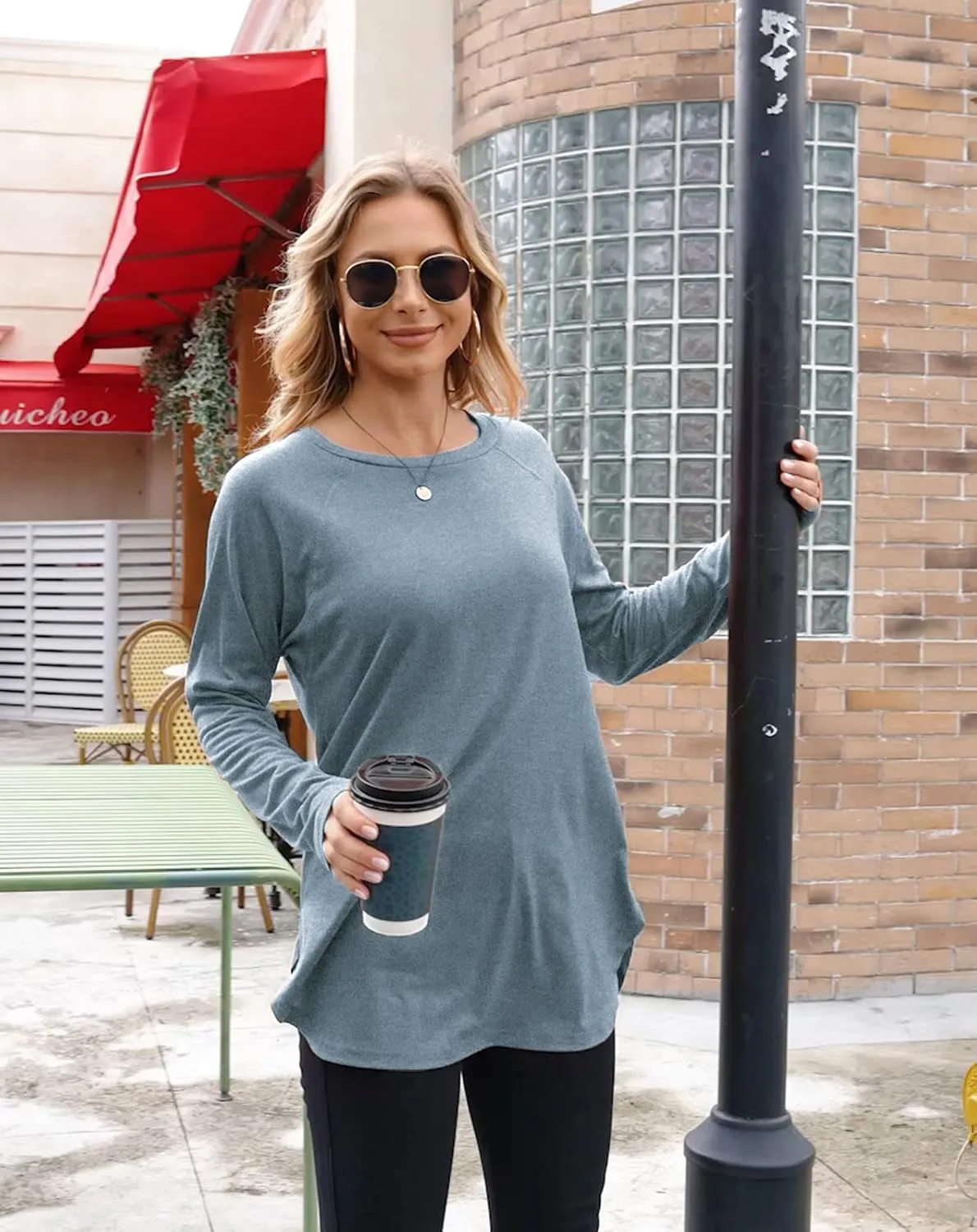 Newchoice Women's Casual Batwing Long Sleeve T Shirt Round Neck Basic Loose Tunic Tops