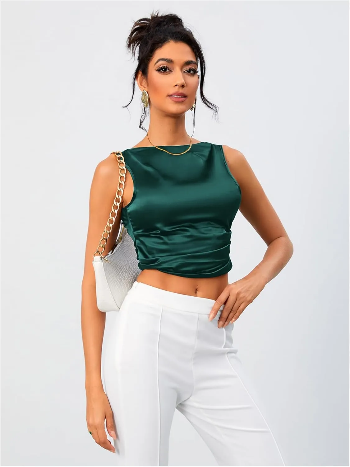 OYOANGLE Women's Satin Crop Top Bowknot Backless Sleeveless Ruched Party Blouse Going Out