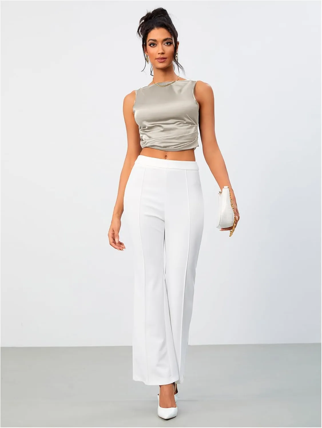 OYOANGLE Women's Satin Crop Top Bowknot Backless Sleeveless Ruched Party Blouse Going Out