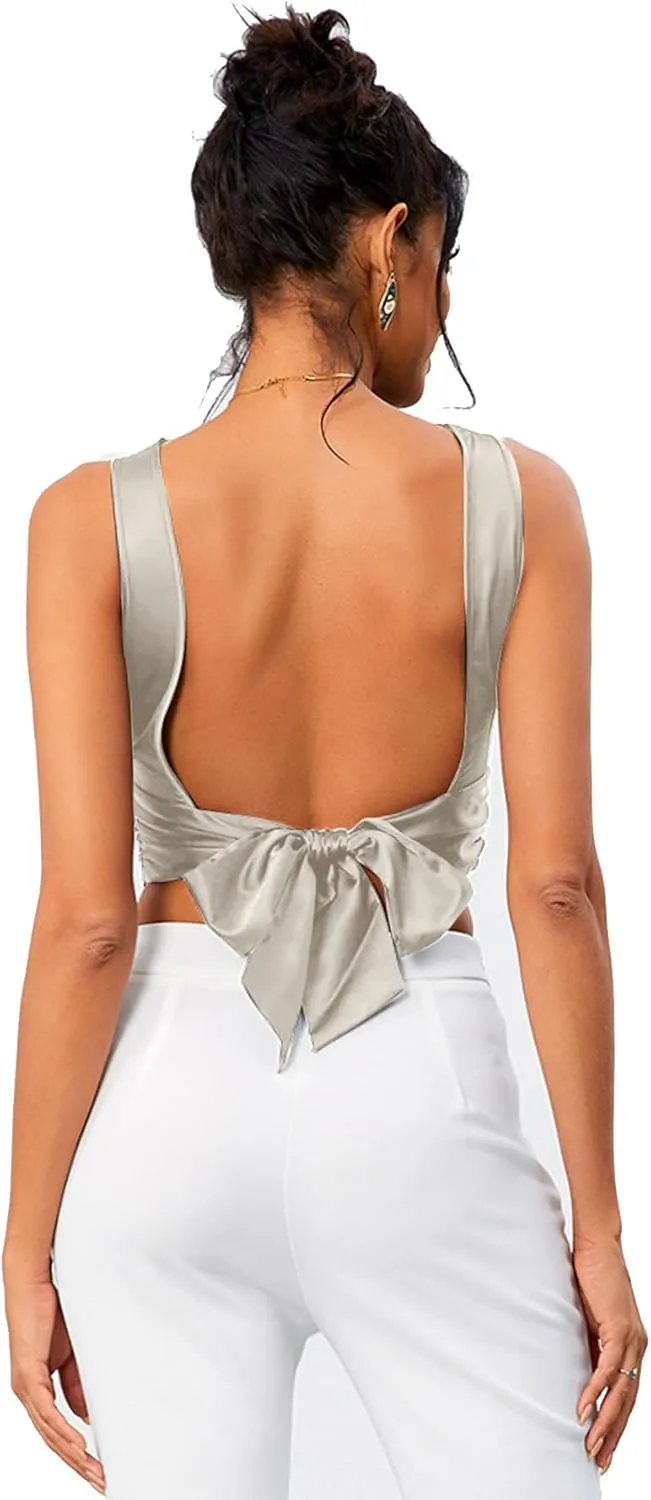 OYOANGLE Women's Satin Crop Top Bowknot Backless Sleeveless Ruched Party Blouse Going Out