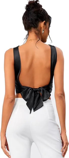 OYOANGLE Women's Satin Crop Top Bowknot Backless Sleeveless Ruched Party Blouse Going Out