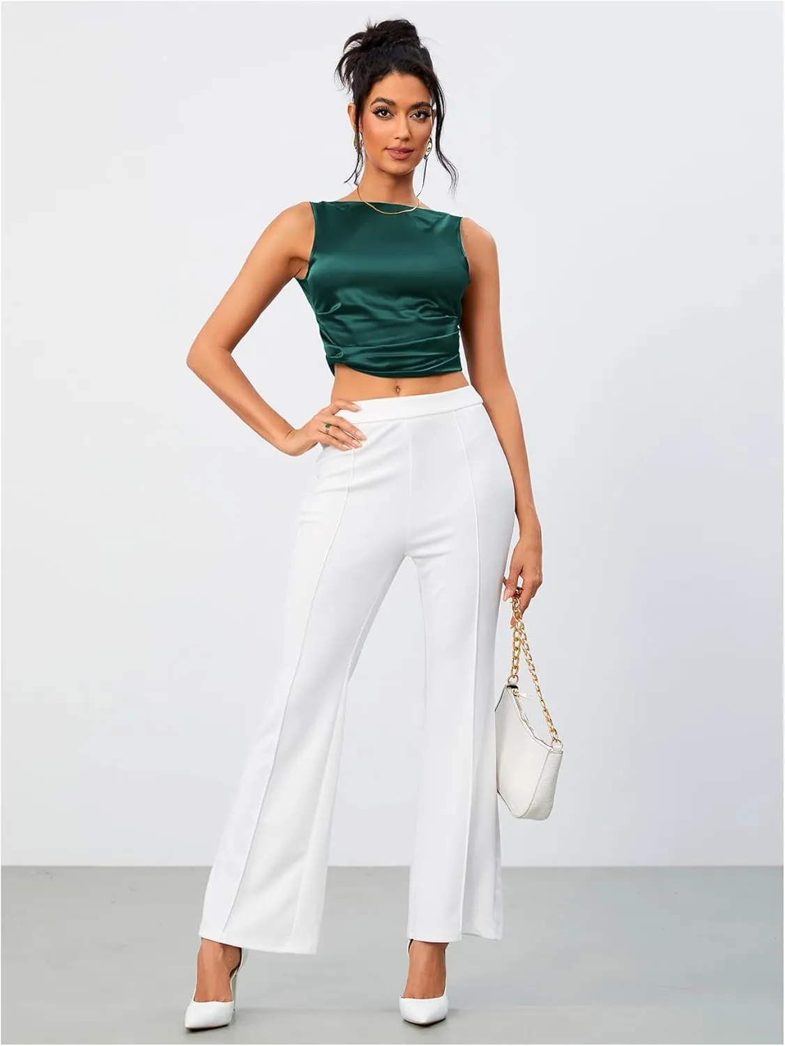 OYOANGLE Women's Satin Crop Top Bowknot Backless Sleeveless Ruched Party Blouse Going Out