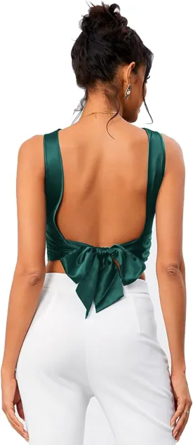 OYOANGLE Women's Satin Crop Top Bowknot Backless Sleeveless Ruched Party Blouse Going Out