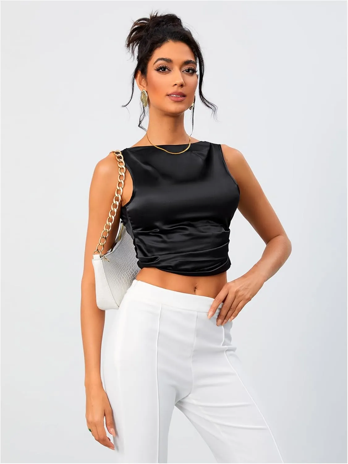 OYOANGLE Women's Satin Crop Top Bowknot Backless Sleeveless Ruched Party Blouse Going Out