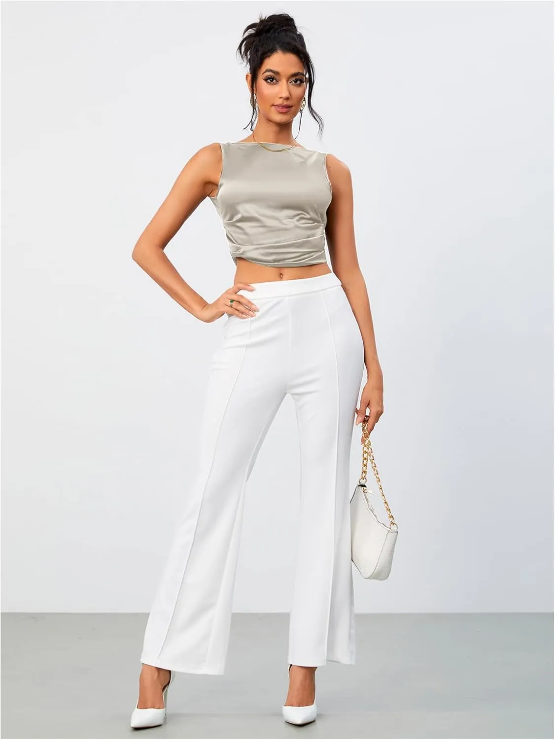 OYOANGLE Women's Satin Crop Top Bowknot Backless Sleeveless Ruched Party Blouse Going Out