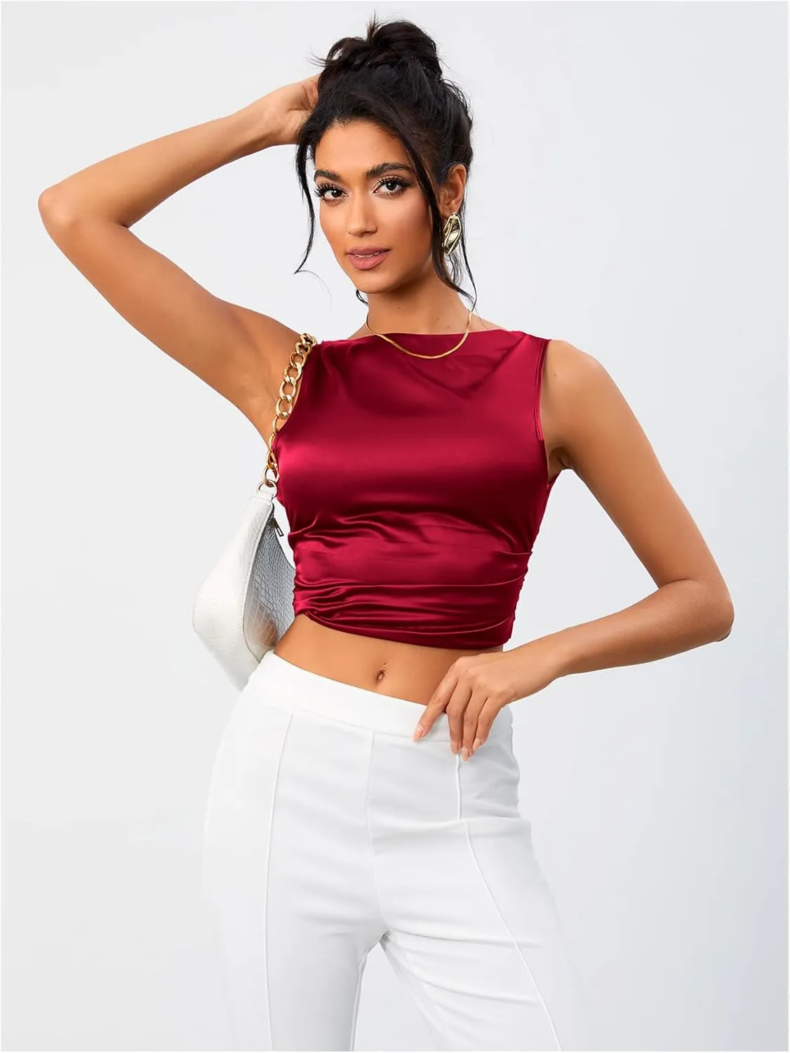 OYOANGLE Women's Satin Crop Top Bowknot Backless Sleeveless Ruched Party Blouse Going Out