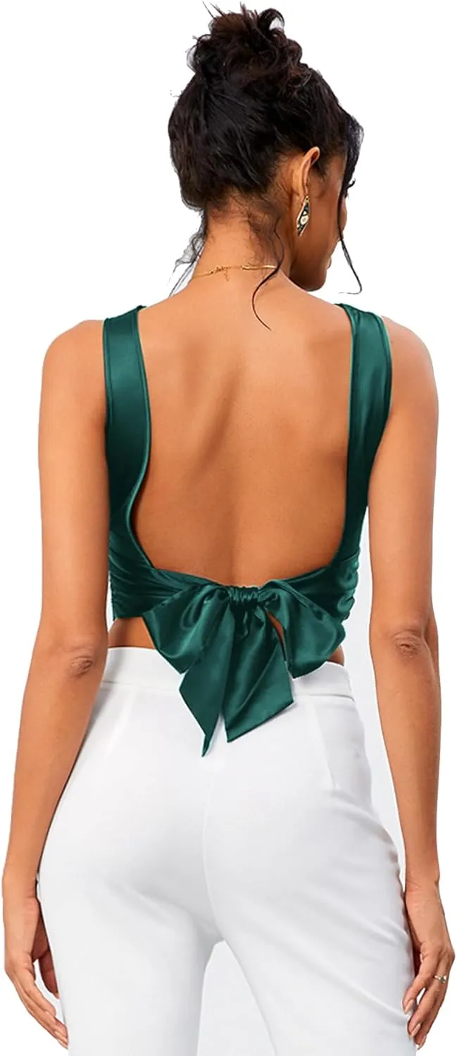 OYOANGLE Women's Satin Crop Top Bowknot Backless Sleeveless Ruched Party Blouse Going Out