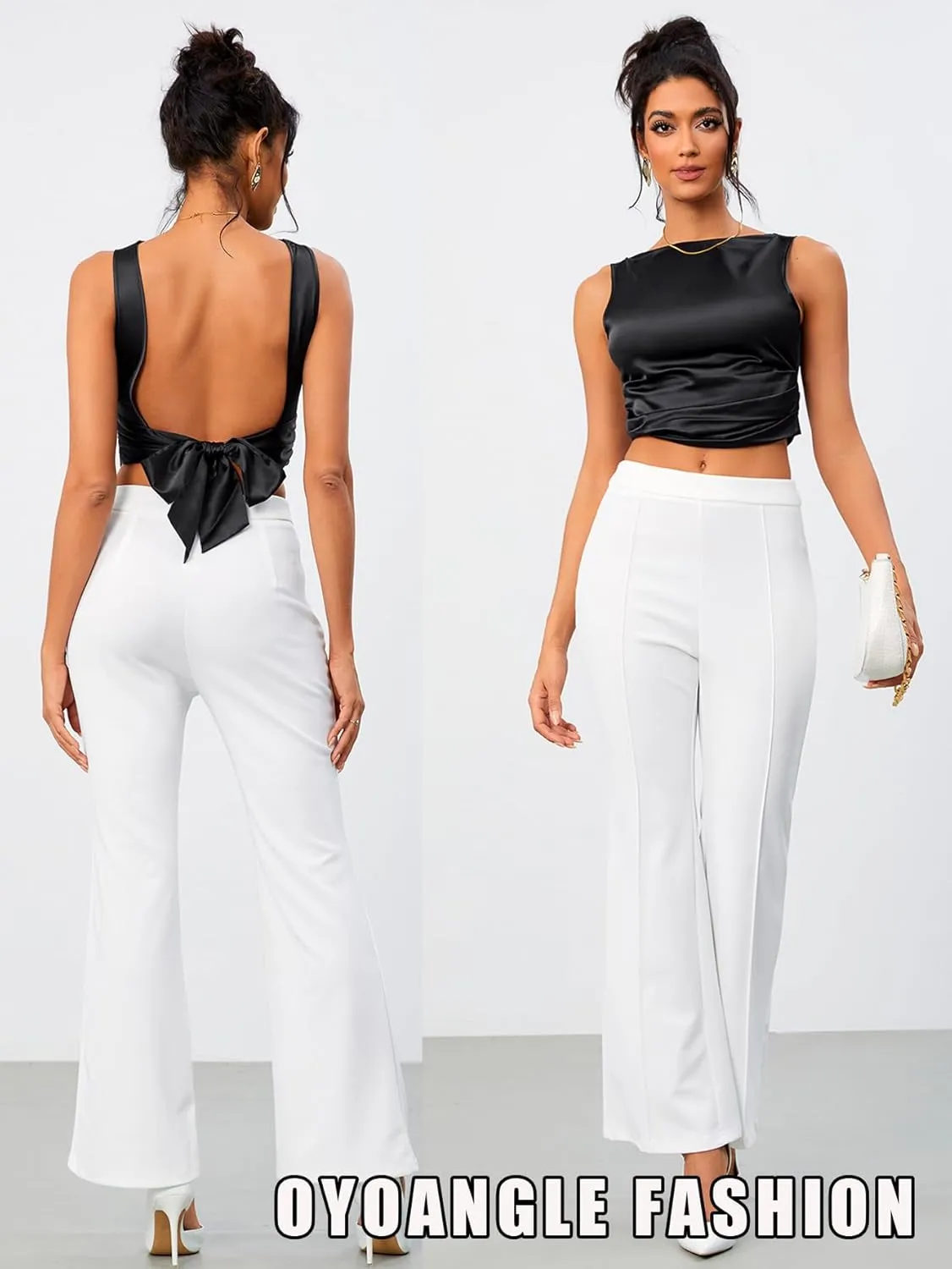 OYOANGLE Women's Satin Crop Top Bowknot Backless Sleeveless Ruched Party Blouse Going Out