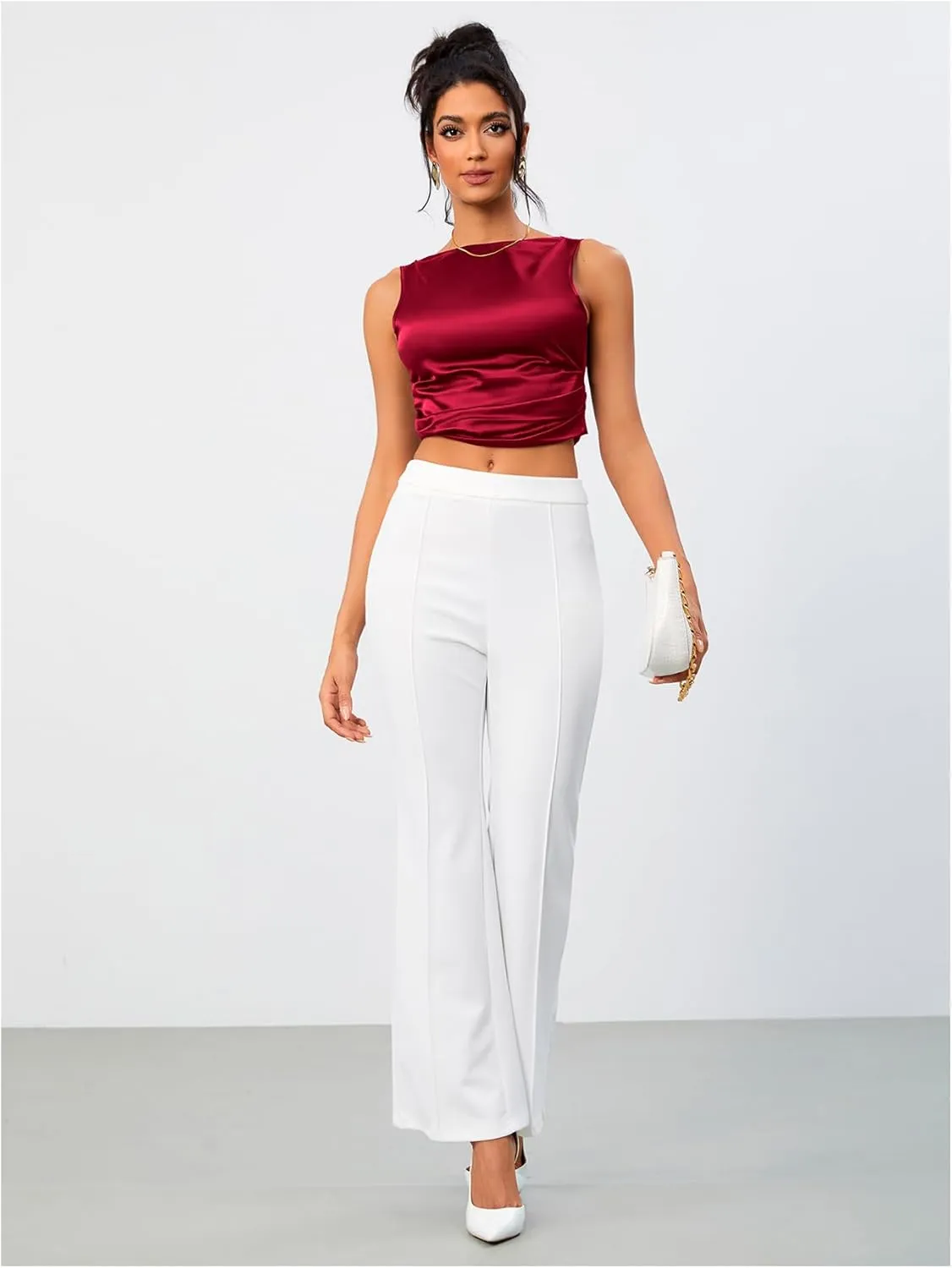 OYOANGLE Women's Satin Crop Top Bowknot Backless Sleeveless Ruched Party Blouse Going Out