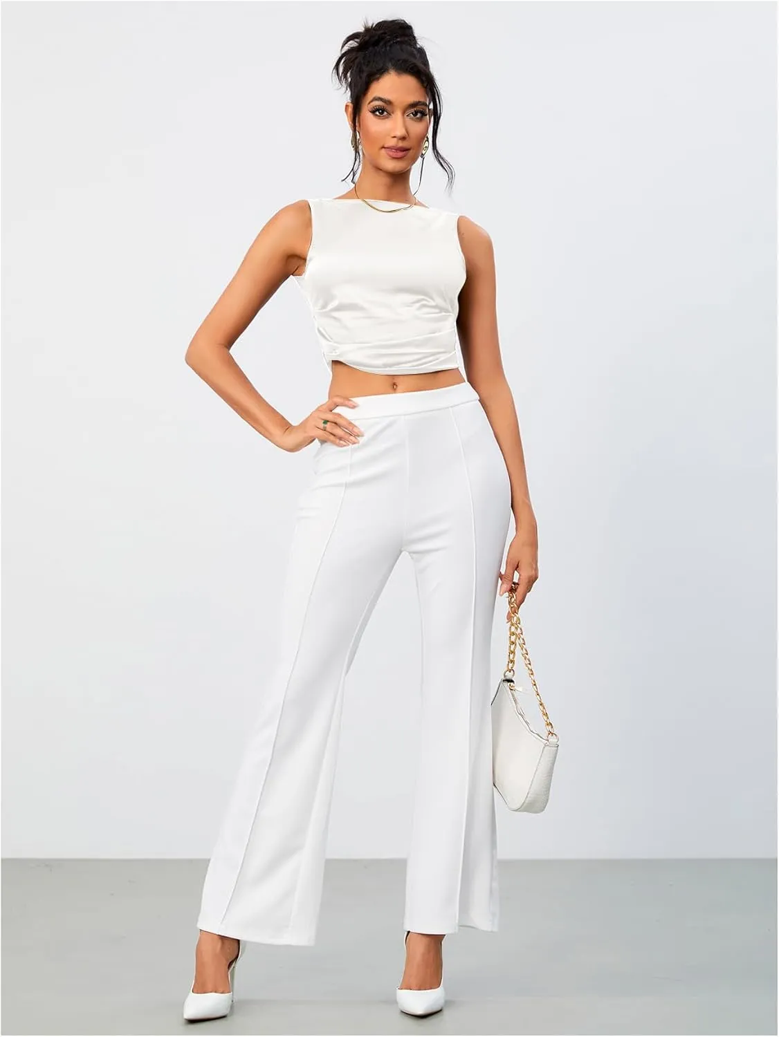 OYOANGLE Women's Satin Crop Top Bowknot Backless Sleeveless Ruched Party Blouse Going Out