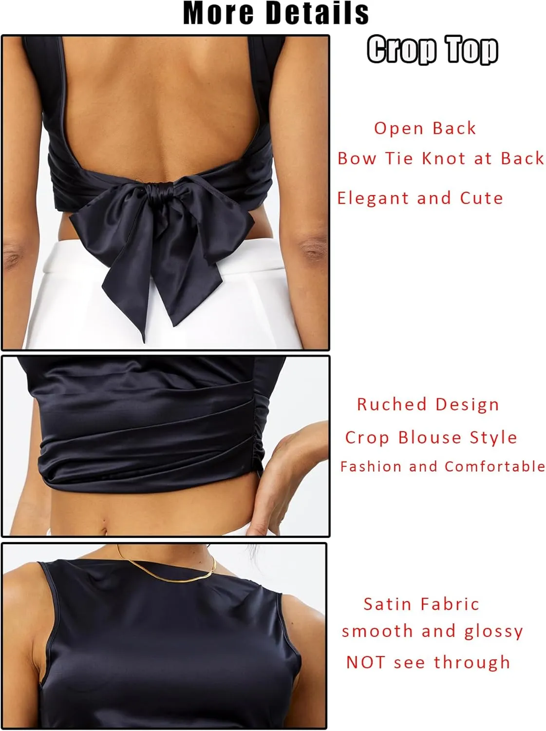 OYOANGLE Women's Satin Crop Top Bowknot Backless Sleeveless Ruched Party Blouse Going Out