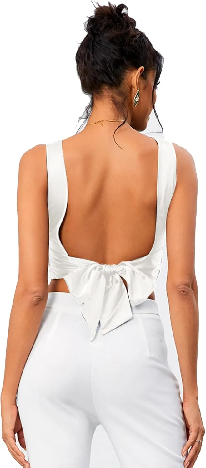 OYOANGLE Women's Satin Crop Top Bowknot Backless Sleeveless Ruched Party Blouse Going Out