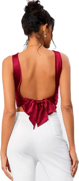 OYOANGLE Women's Satin Crop Top Bowknot Backless Sleeveless Ruched Party Blouse Going Out