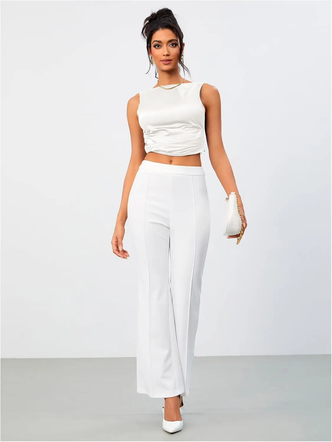 OYOANGLE Women's Satin Crop Top Bowknot Backless Sleeveless Ruched Party Blouse Going Out