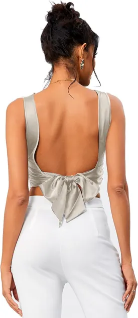 OYOANGLE Women's Satin Crop Top Bowknot Backless Sleeveless Ruched Party Blouse Going Out