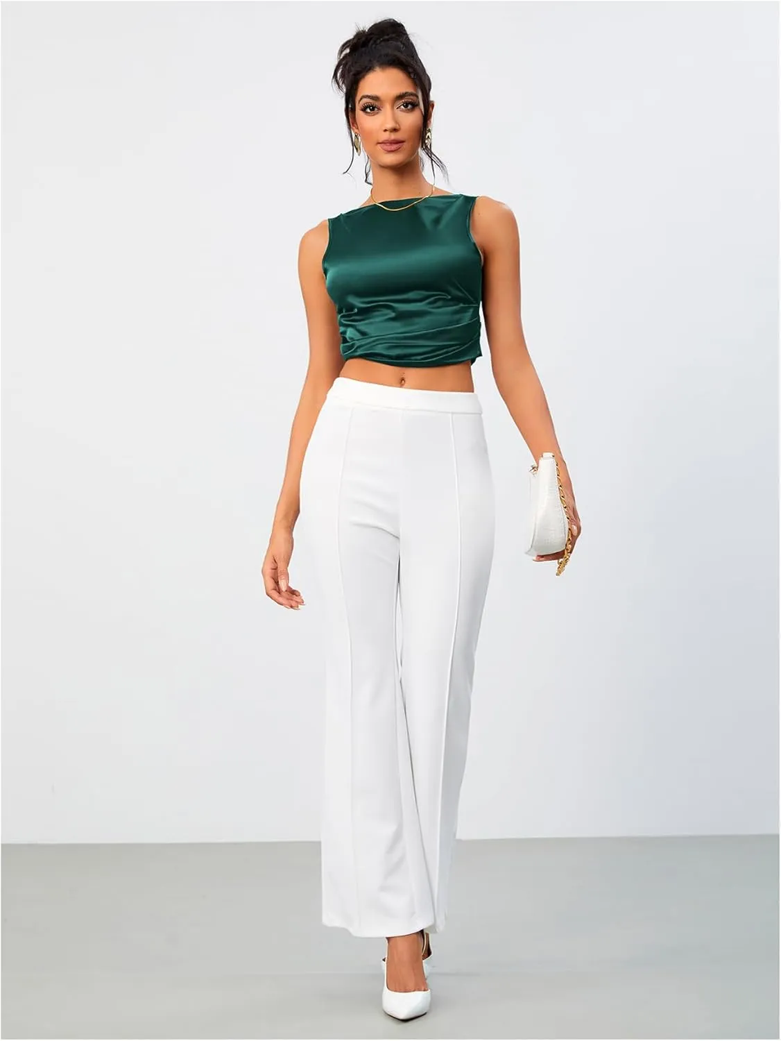 OYOANGLE Women's Satin Crop Top Bowknot Backless Sleeveless Ruched Party Blouse Going Out