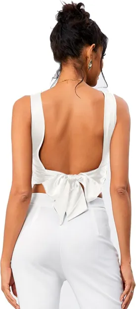 OYOANGLE Women's Satin Crop Top Bowknot Backless Sleeveless Ruched Party Blouse Going Out