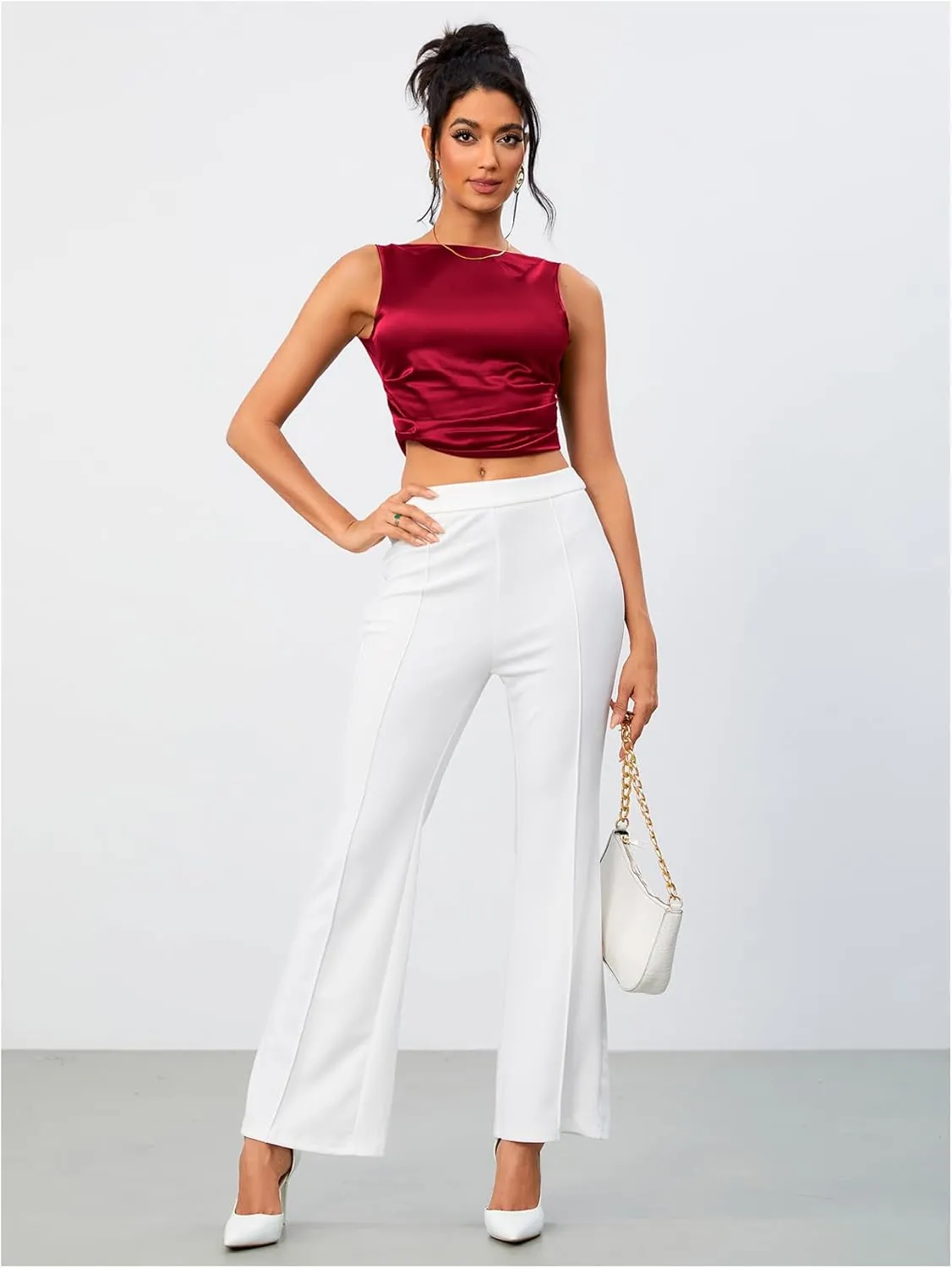 OYOANGLE Women's Satin Crop Top Bowknot Backless Sleeveless Ruched Party Blouse Going Out