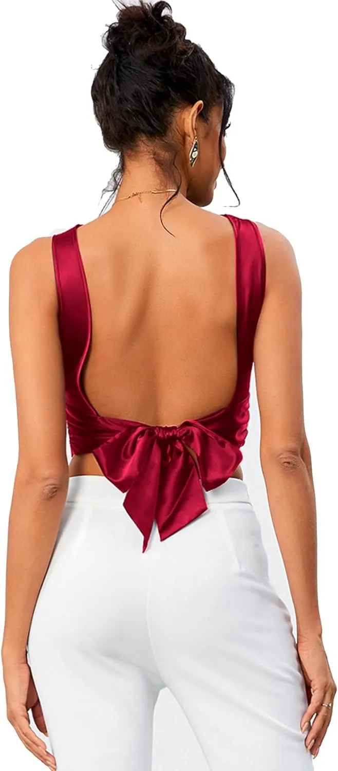 OYOANGLE Women's Satin Crop Top Bowknot Backless Sleeveless Ruched Party Blouse Going Out
