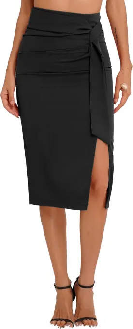 Pencil Skirt for Women Office Work Bodycon High Waist Side Slit Midi Casual Skirt