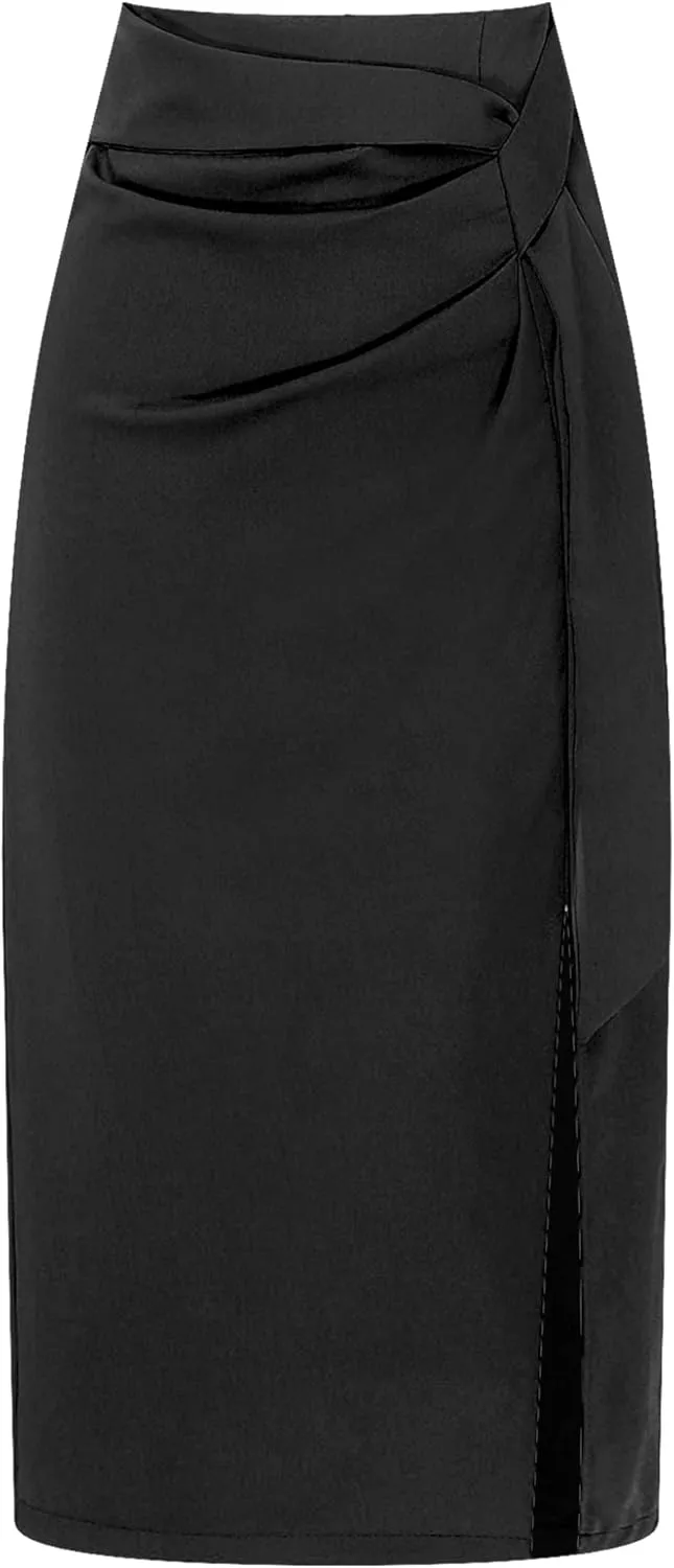 Pencil Skirt for Women Office Work Bodycon High Waist Side Slit Midi Casual Skirt