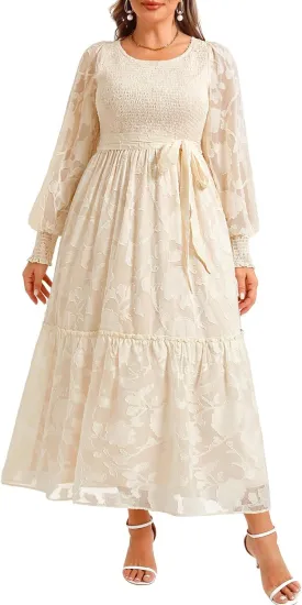 Pinup Fashion Plus Size Fall Dress - 2025 Wedding Guest Long Sleeve Floral Lace Long Dress with Belt