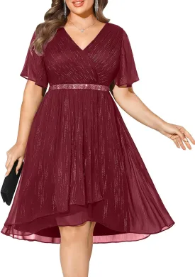 Pinup Fashion Women Plus Size Cocktail Dress - Formal Wedding Guest High Low Pleated Wrap V Neck Dresses 2025
