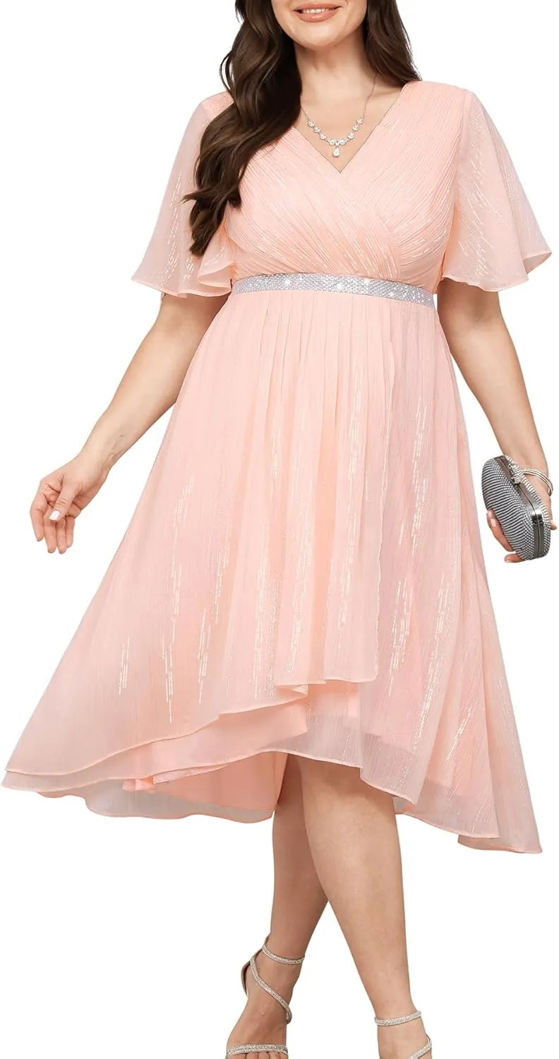 Pinup Fashion Women Plus Size Cocktail Dress - Formal Wedding Guest High Low Pleated Wrap V Neck Dresses 2025