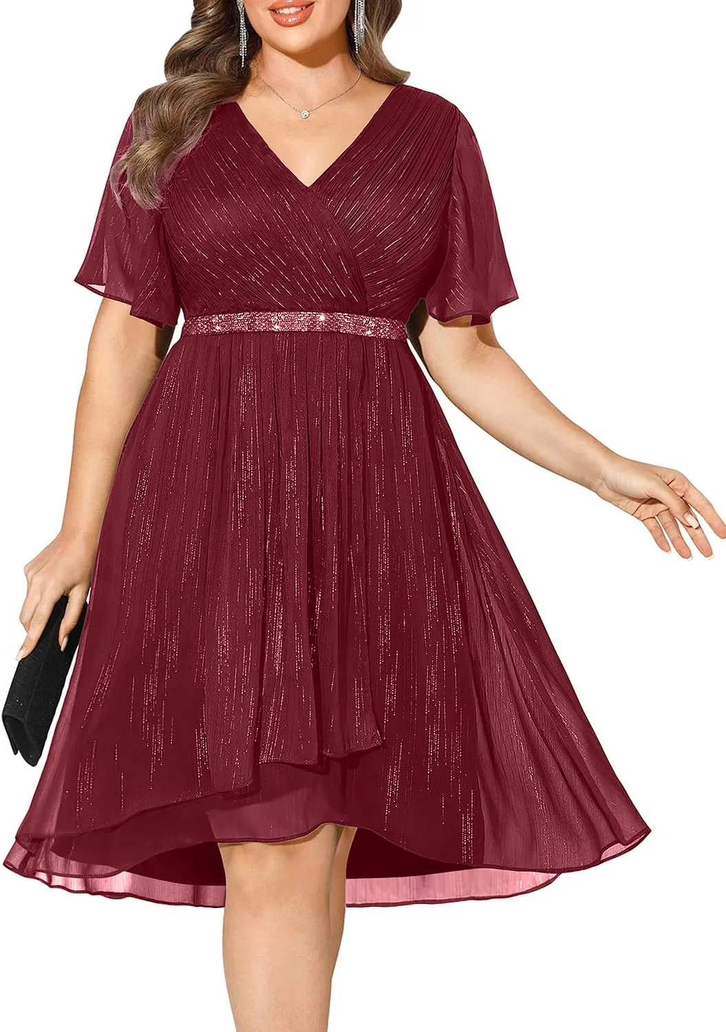 Pinup Fashion Women Plus Size Cocktail Dress - Formal Wedding Guest High Low Pleated Wrap V Neck Dresses 2025