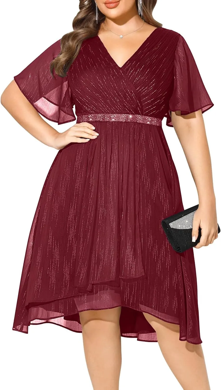 Pinup Fashion Women Plus Size Cocktail Dress - Formal Wedding Guest High Low Pleated Wrap V Neck Dresses 2025