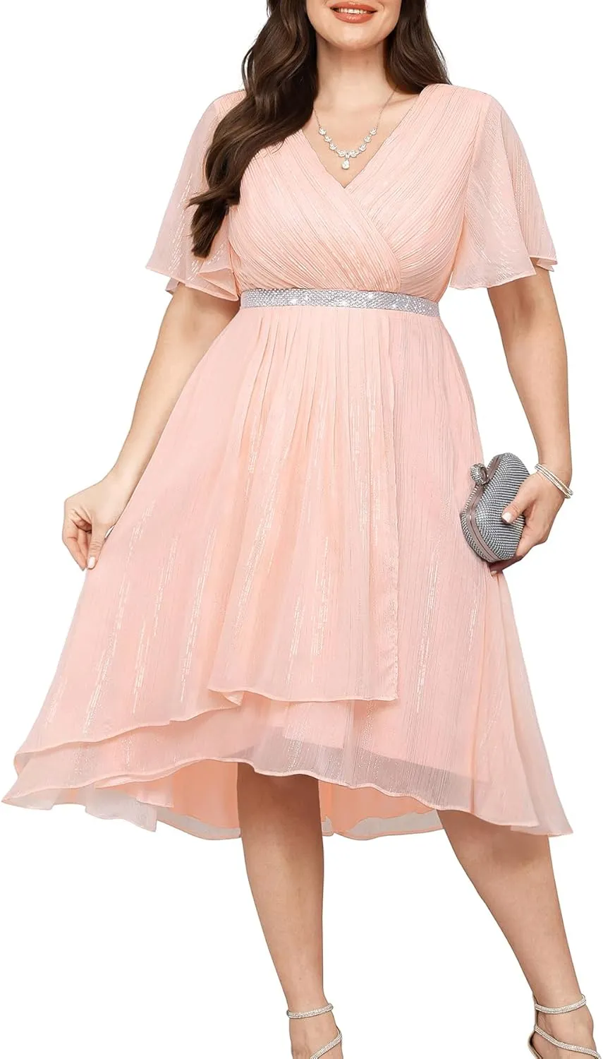 Pinup Fashion Women Plus Size Cocktail Dress - Formal Wedding Guest High Low Pleated Wrap V Neck Dresses 2025