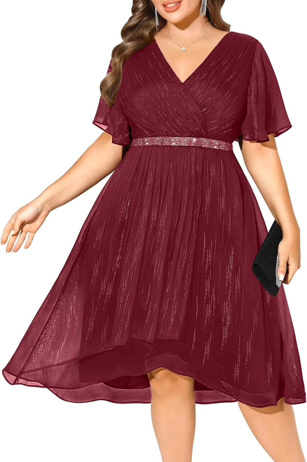 Pinup Fashion Women Plus Size Cocktail Dress - Formal Wedding Guest High Low Pleated Wrap V Neck Dresses 2025