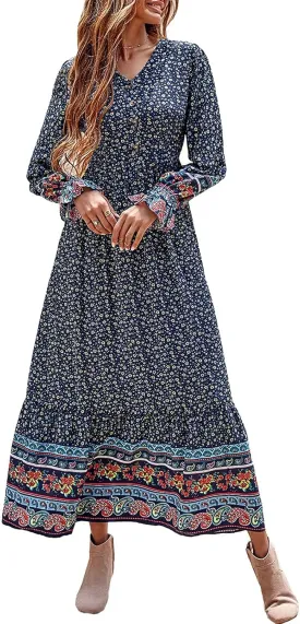 PRETTYGARDEN Long Sleeve Maxi Dress for Women V Neck Casual Button Down Boho Long Floral Dresses