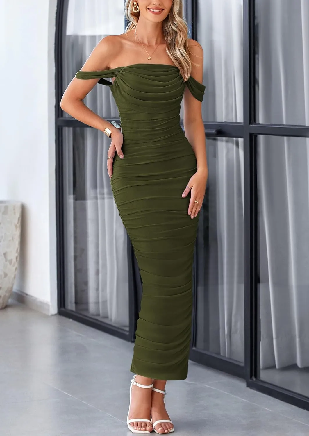 PRETTYGARDEN Womens 2025 Summer Off The Shoulder Dress Ruched Bodycon Sleeveless Split Cocktail Party Maxi Dresses